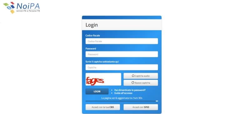 pannello login NoiPa e password