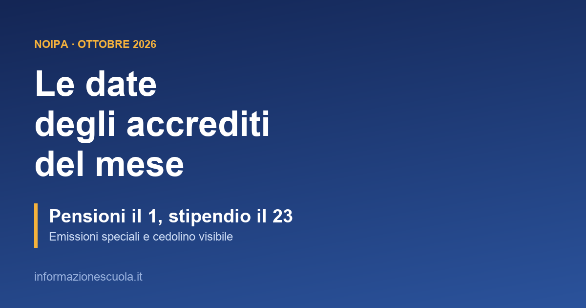 Calendario NoiPA ottobre 2026 con le date degli accrediti di pensioni e stipendi